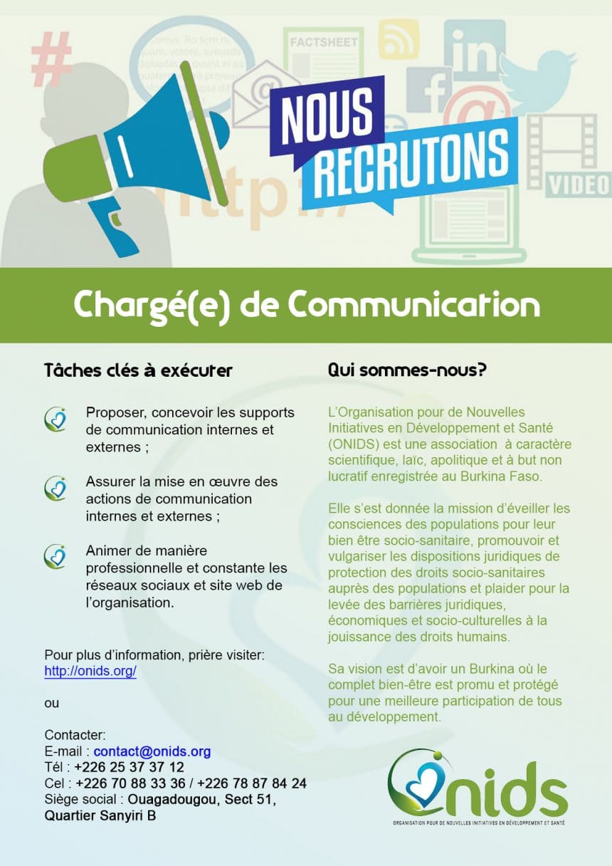 AVIS DE RECRUTEMENT – Chargé(e) de Communication